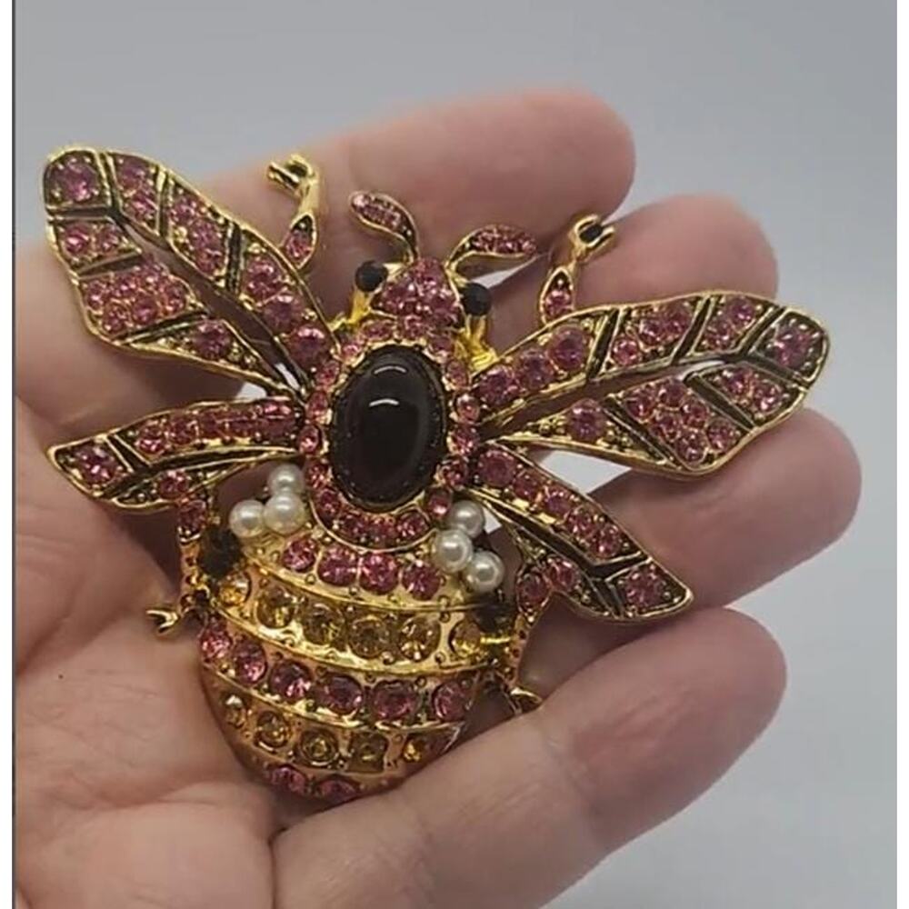 Bee Brooch Ornate Faux Jewel Crystal Pearl on Gold Tone Metal Pink Insect